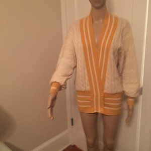 CHEZ-NA cardigan sweater, cable knit, beige with orange stripe trim. Wool.